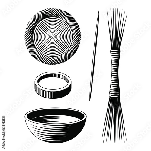 Black and white vector bundle of South African Zulu basket weaving tools including grass coils, palm strips, weaving needle, shaping mold, and soaking bowl
