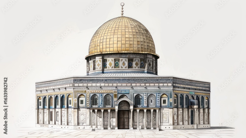 Obraz premium Front view of a golden-domed mosque. Ornate stonework and arches