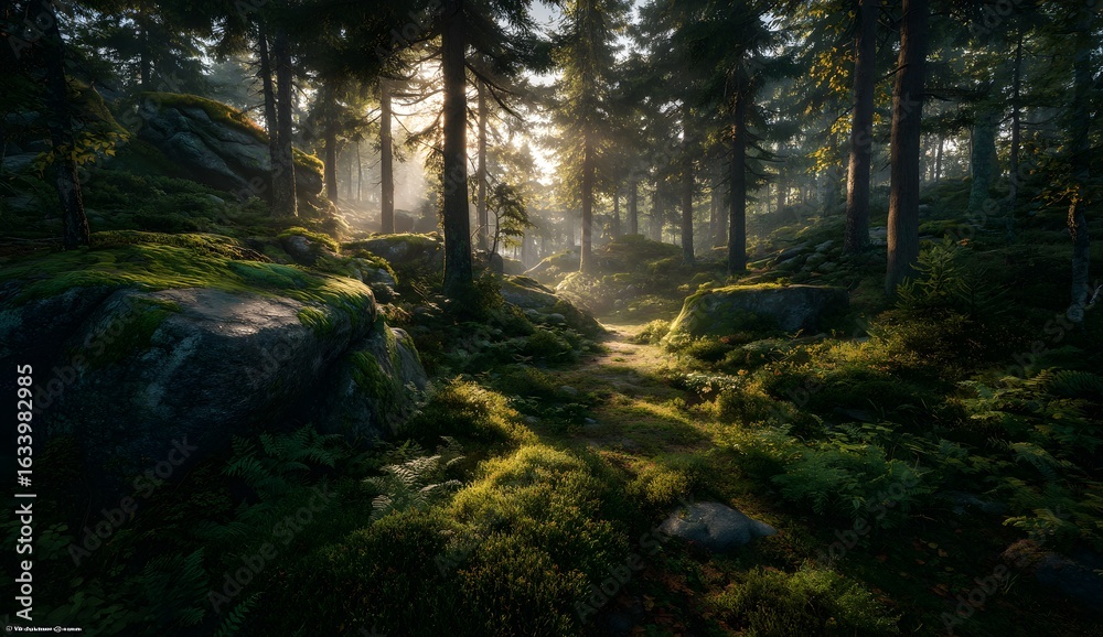Obraz premium Radiant Sunlight Streams Through Evergreen Forest Canopy