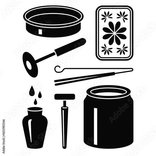 Black and white vector of Georgian enamel cloisonné toolkit with copper base, enamel powder, and mini kiln