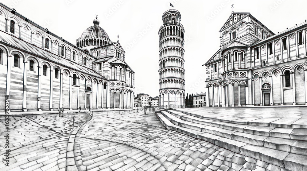 Obraz premium Black and white sketch of Italian piazza