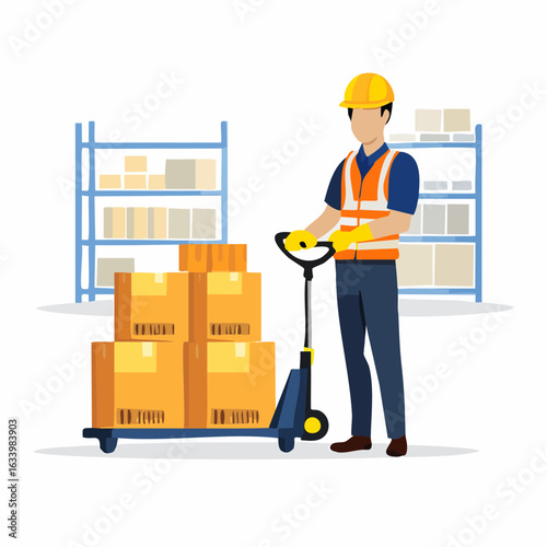 Vector illustration of a warehouse worker transporting boxes using a pallet jack, with shelving units in the background. Ideal for logistics, warehouse, and shipping content.