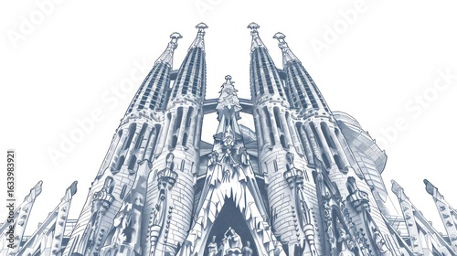 Detailed, light-gray, architectural drawing of a cathedral's towers