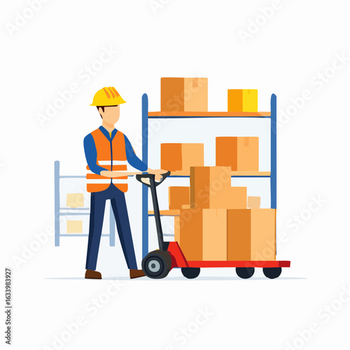 Vector illustration of a warehouse worker transporting boxes using a pallet jack, with shelving units in the background. Ideal for logistics, warehouse, and shipping content.