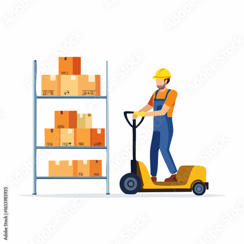 Vector illustration of a warehouse worker transporting boxes using a pallet jack, with shelving units in the background. Ideal for logistics, warehouse, and shipping content.