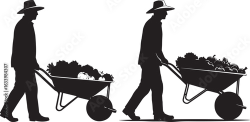 Two farmers in silhouette pushing wheelbarrows filled with harvested produce silhouette