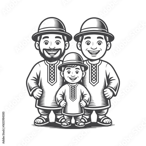 Three smiling men wearing traditional clothing and hats family
