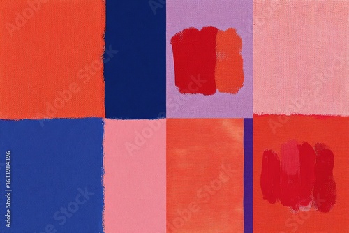 Abstract grid of vibrant, overlapping squares in red, orange, pink, and blue hues