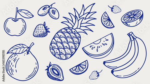 Hand drawn blue fruit illustrations on a light background