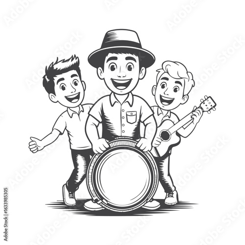 Trio of happy musicians with drum and guitar band