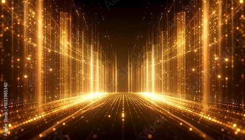 Abstract Golden Light Tunnel with Dotted Lines Perspective