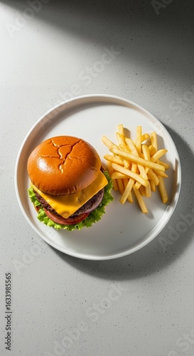 Classic cheeseburger with golden french fries on a white plate, top view.