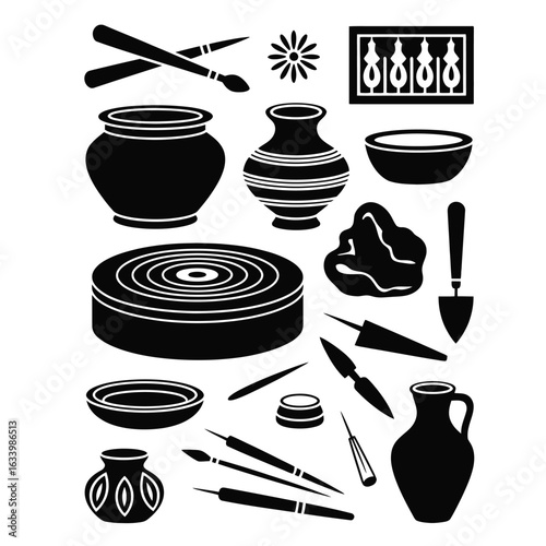Black and white vector of traditional Indian pottery workshop toolkit including clay wheel, carving tools, and kiln accessories