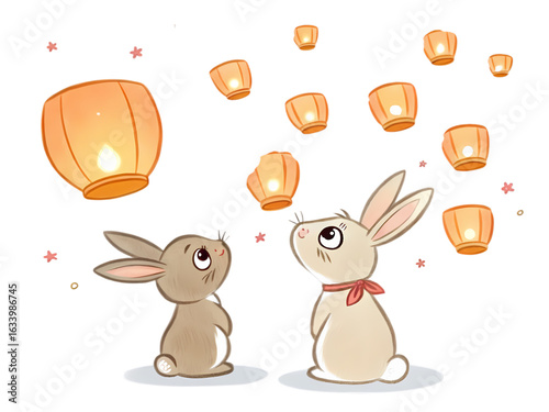 Two Rabbits Gazing at Floating Sky Lanterns: Whimsical Illustration
