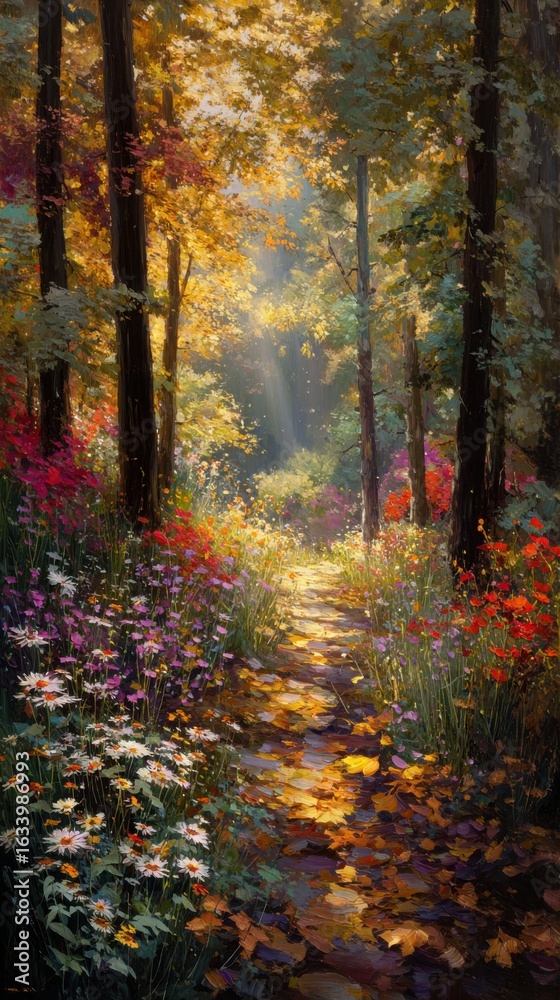 Naklejka premium Sunlight filters through a vibrant autumn forest illuminating a leaf strewn path