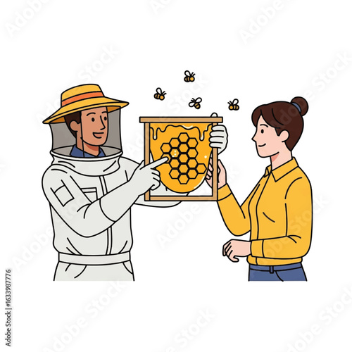 A beekeeper showing a honeycomb frame to a woman, with bees flying around.
