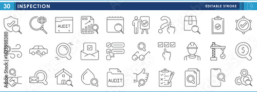 A set of line icons related to Inspection. Quality, checklist, worker, inspect, smartphone, repair, check, approve, and so on. Vector editable stroke.