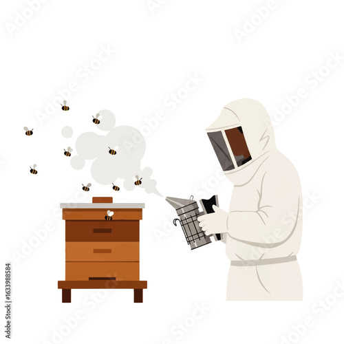 A beekeeper in protective gear uses a smoker near a wooden beehive, with bees flying around.