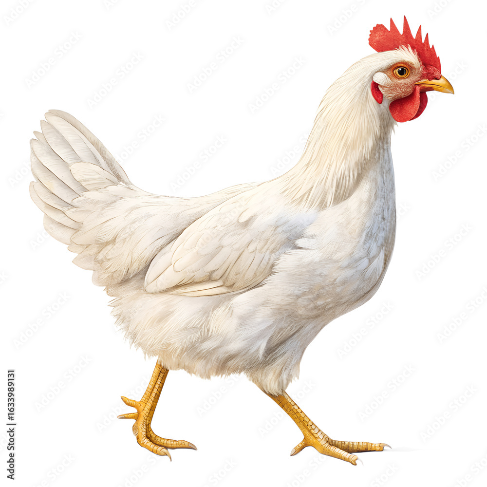 Fototapeta premium Isolated white chicken hen walking poultry farm animal livestock bird fowl agriculture farming chickens 100
