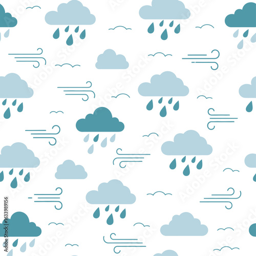 Seamless vector pattern of windy weather with raining clouds and blowing gusts of wind