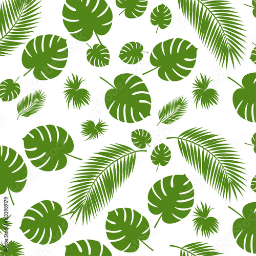 Tropical leaf pattern design with various shapes and sizes of lush green leaves on a white background.