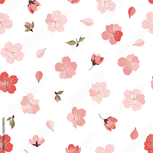 Delicate pink and red cherry blossom pattern on a white background.