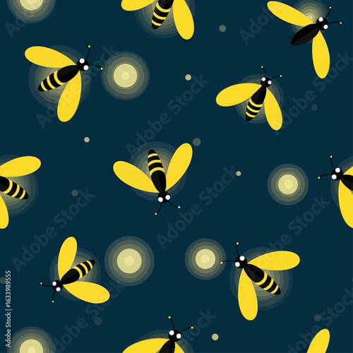 A seamless pattern of stylized yellow fireflies glowing brightly against a dark blue night sky.