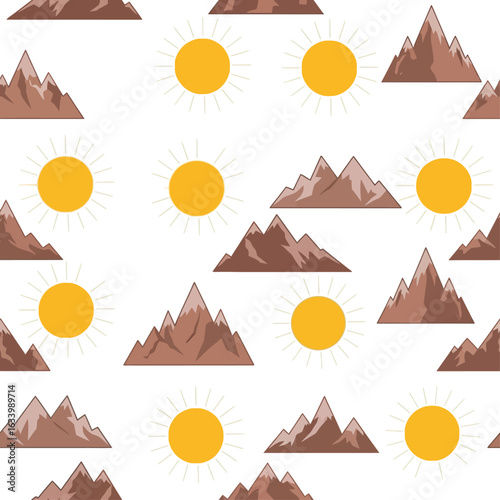 Repeating pattern of stylized brown mountain peaks and bright yellow suns against a white background.