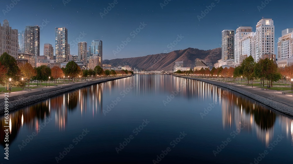 Naklejka premium City Riverfront at Night with Building Reflections