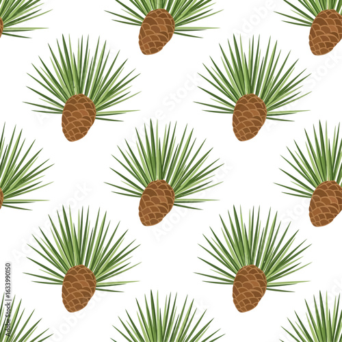 Repeating pattern of green spiky leaves and brown pine cones on a white background.