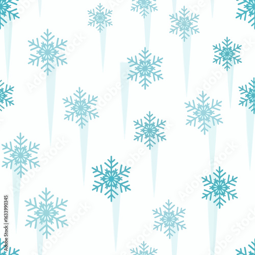 Repeating pattern of blue snowflakes and icicles against a white background, creating a wintery design.