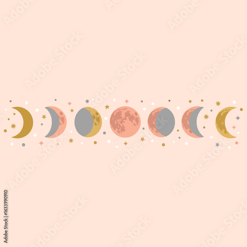 A stylized illustration of the lunar cycle with pastel-colored moon phases and stars on a pink background.