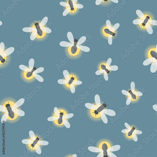 A whimsical, seamless pattern featuring numerous glowing fireflies with translucent wings scattered across a muted blue background, creating a magical night-time ambiance.