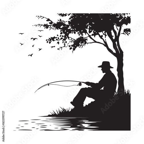 Fisherman silhouette, Fisherman vector illustration, Silhouette of a Fisherman, fisher man silhouette vector isolated on white background, Silhouette Illustration of a Fisherman by a Lake