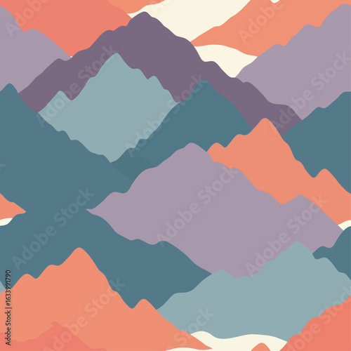 Colorful, stylized illustration of overlapping mountain ranges in various pastel hues.