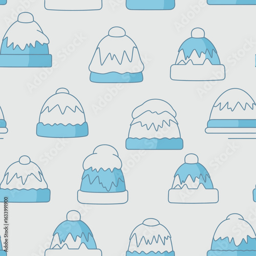 A seamless pattern of stylized light blue winter hats and beanies covered in white snow.