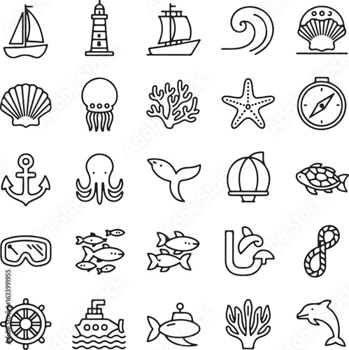 Ocean and sea life outline icon collection. A set of simple line art symbols for nautical and marine themes like ships and animals.
