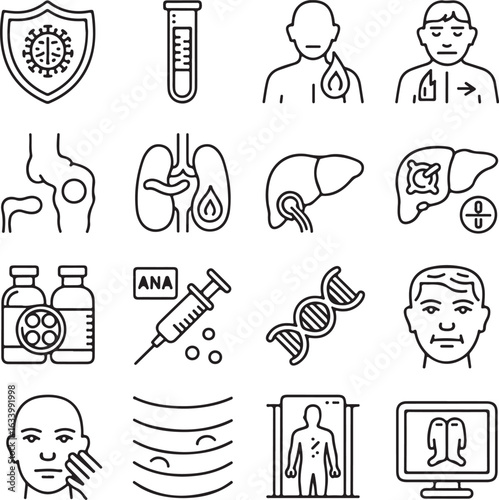 Healthcare and science line icon collection. Vector symbols representing medical conditions, diagnostic testing, and scientific research.