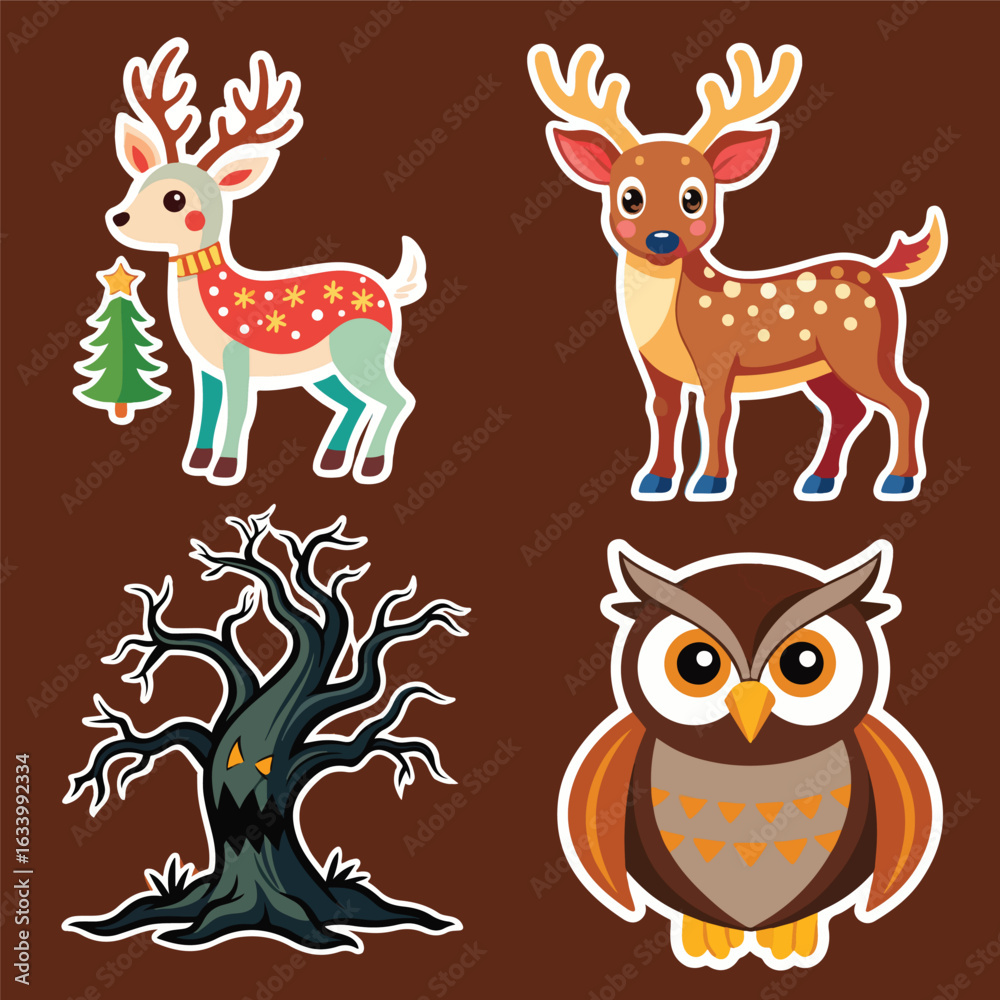 Obraz premium Cute Deer, Owl and Creepy Tree Stickers