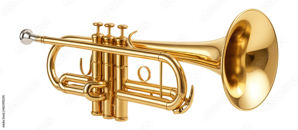 Fototapeta premium Shiny golden brass trumpet featuring detailed valves and mouthpiece on transparent background.