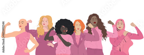 Women community wearing pink. Multiethnic group of women. Breast cancer day banner. Vector illustration	