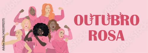 Breast Cancer Awareness. Pink October in Brazilian language. Women community showing biceps. Vector illustration