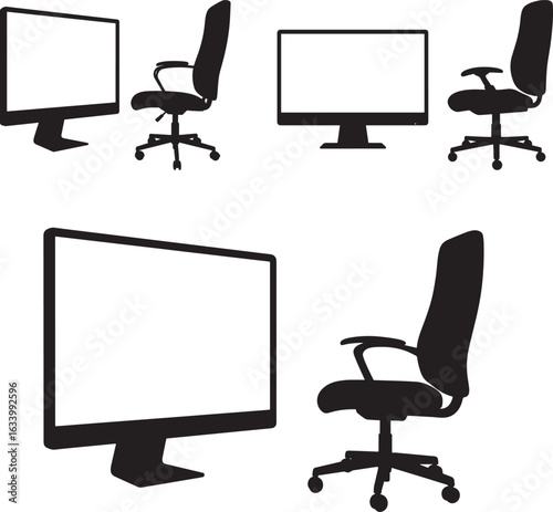 Office furniture and computer monitors in a clean black silhouette style