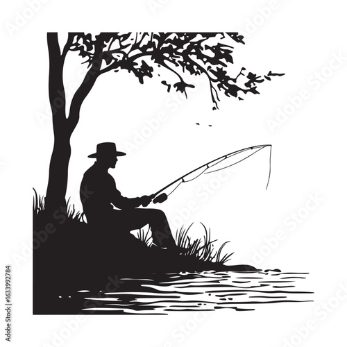 Fisherman silhouette, Fisherman vector illustration, Silhouette of a Fisherman, fisher man silhouette vector isolated on white background, Silhouette Illustration of a Fisherman by a Lake