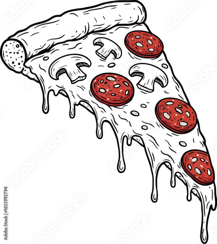 Dripping pepperoni mushroom pizza slice sketch