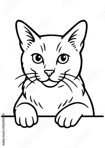 Black and white vector portrait of cat with paws on table, on white background. Perfect for engraving, prints, tattoos, and cat lover gifts