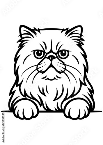 Black and white vector portrait of cat with paws on table, on white background. Perfect for engraving, prints, tattoos, and cat lover gifts