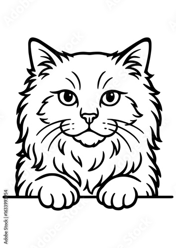 Black and white vector portrait of cat with paws on table, on white background. Perfect for engraving, prints, tattoos, and cat lover gifts