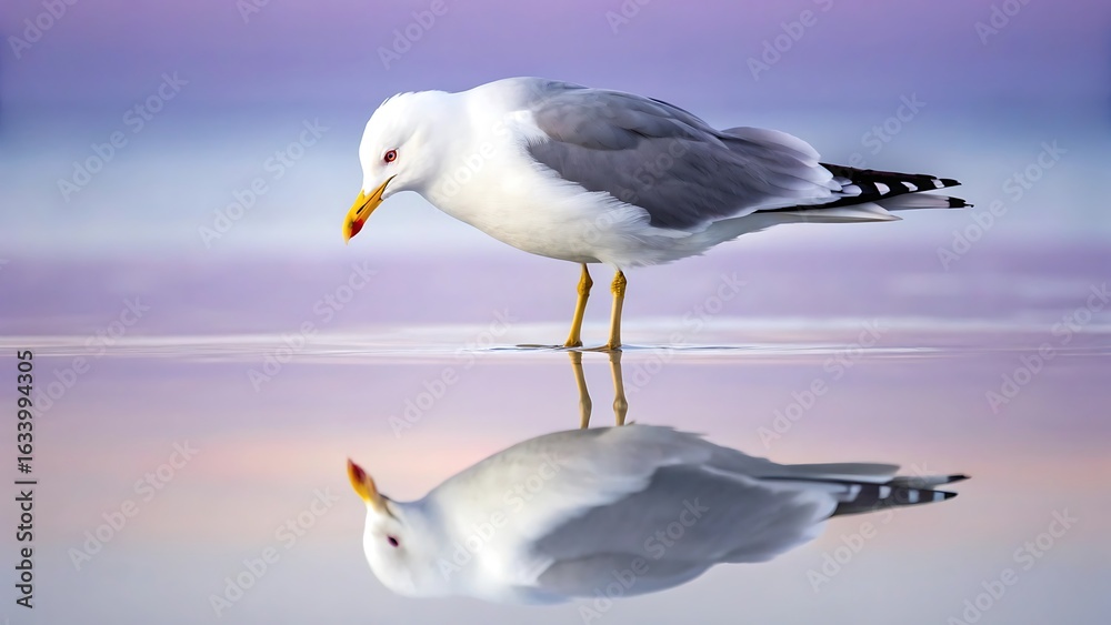 Obraz premium Seagull reflected in calm water with soft purple sky