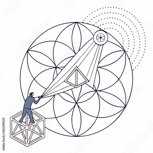 Vector Creative illustration of person manipulating geometric shapes within circular pattern